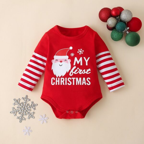 Baby Girls Clothes Sets My First Christmas Deer Stripe Print Outfits Xmas Romper+Hat+Pant Suit Fashion Kid Boy Clothing Set 3PCS - immagine 3