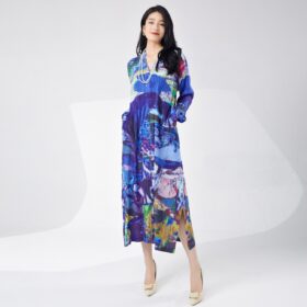 Spring women's printed single breasted slit dress with fashionable temperament cardigan medium length skirt
