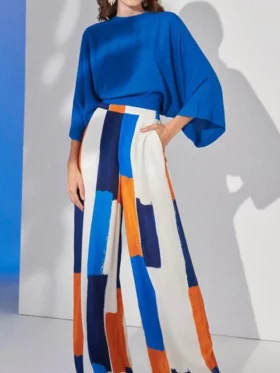 Casual Print Pants Loose Women Sets Batwing Sleeve Oversize Top High Waist Wide Leg Pant Female Suit  Spring Office Lady Set