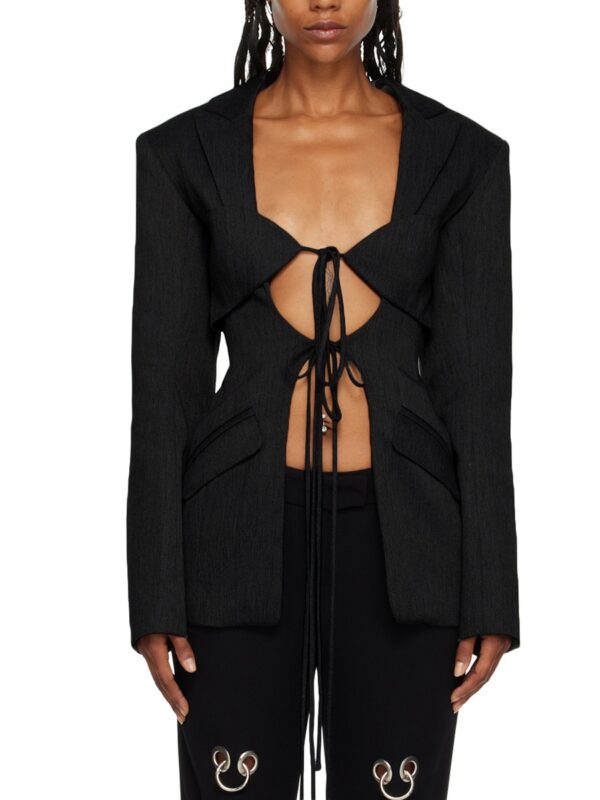 V-neck tie with hollow waist irregular splicing design stylish suit jacket for women - immagine 5