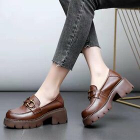 Platform Chunky Heel Shoes Slip On Metal Buckle Casual Shoes