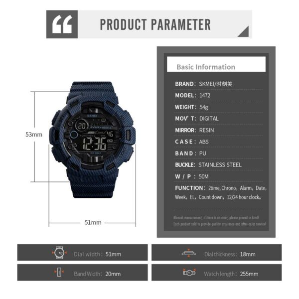 SKMEI 1472 Fashion Sport Watch Men Alarm Clock Cowboy Waterproof Week Display Men Watches Denim Digital Watch relogio masculino - immagine 6