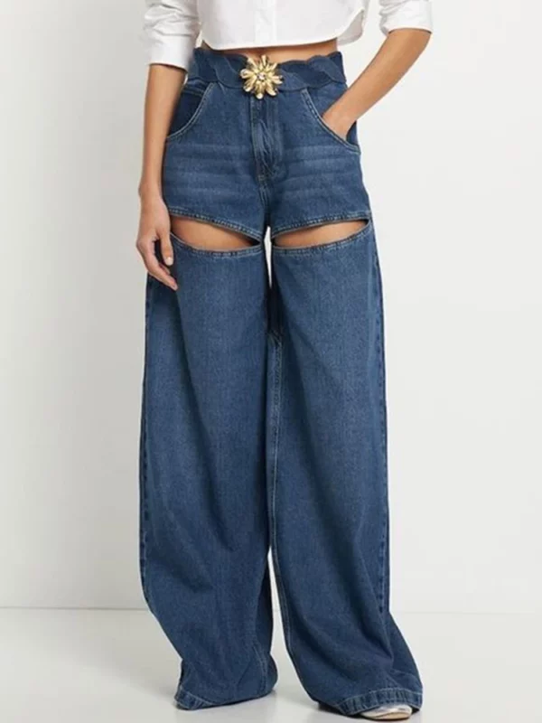 Fashion Women's Denim Pant Fried Dough Twist Kink Hollow Out Metal Flower Floor-length Blue Jeans Autumn - immagine 2
