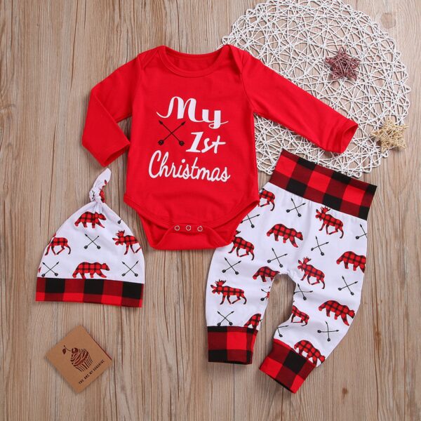 Lovely Baby Boy My First Christmas Letter Romper Kids T-Shirts Pant Newborn Hat Outfits Girl Xmas Set Autumn Clothing 2PCS Sets - immagine 7