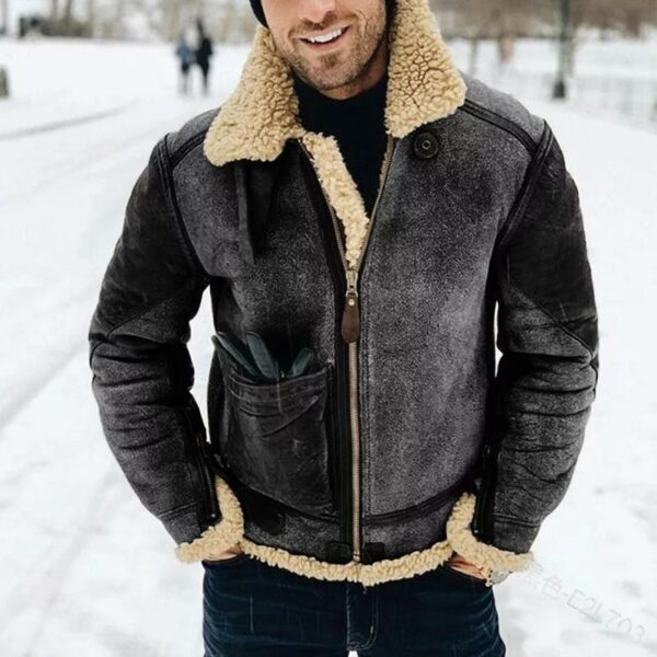 Faux Leather Men's Jacket Winter Warm Jacket Thicken Large Lapel Contrast Color Jacket - immagine 8