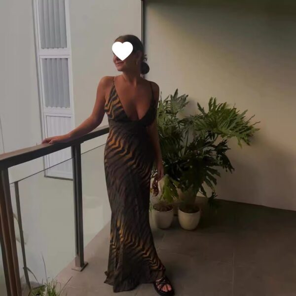 Chiffon printed sexy leopard print hanging strap backless buttocks long skirt - immagine 5