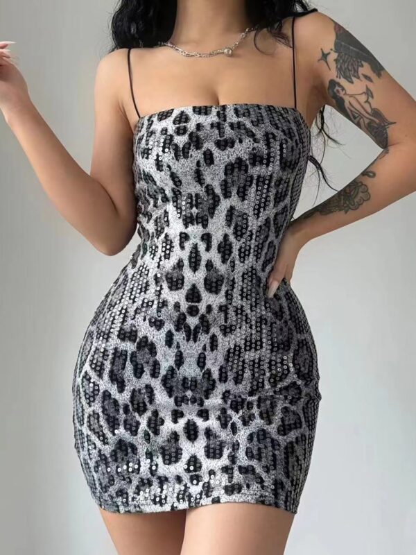 Fashionable leopard print street style nightclub versatile suspender beaded dress for women - immagine 6