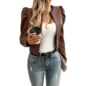 Autumn and winter new European and American jacket, women's temperament, casual cardigan, solid color leather jacket