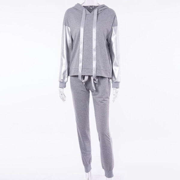 Women's Sets Sportwear Sleeve Joints PU Suits Side Split Zippers Design Hooded Sweatshirt Pant Tracksuit - immagine 7