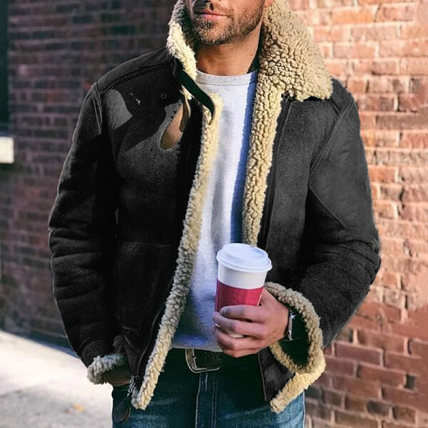 Faux Leather Men's Jacket Winter Warm Jacket Thicken Large Lapel Contrast Color Jacket - immagine 2