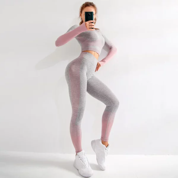Gradient Sport Suit Woman Seamless Running Tracksuit Sportswear Gym Crop Top Yoga Pant Fitness Clothes Workout Leggings Yoga Set - immagine 2